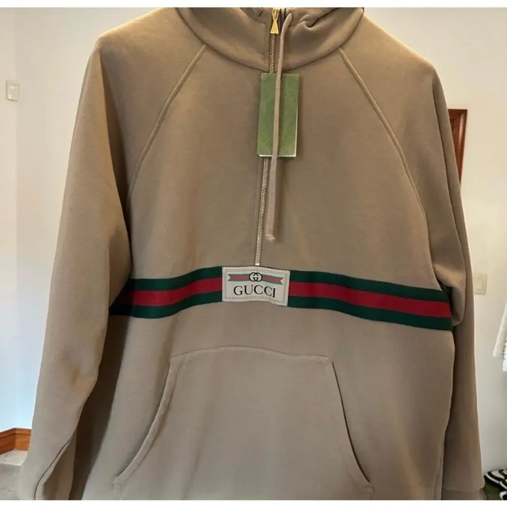 Men's Gucci web striped half zip cotton hoodie size XXL made in Italy NWT